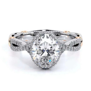 Verragio Parisian-105XOV 14 Karat engagement ring, oval semi-mount, top view of hidden halo collar and crossover pave band