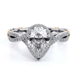 Verragio Parisian-105XPS 14 Karat engagement ring, pear semi-mount, top view of pear-shaped hidden halo and crossover pave band