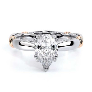 Verragio Parisian-120PS 14 Karat engagement ring, pear solitaire semi-mount, top view of plain band with rose gold wraps