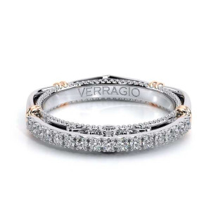Verragio Parisian-120W 14 Karat wedding band, top view showing the diamond row and rose accent wraps