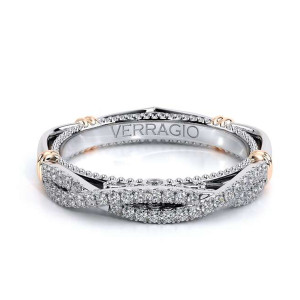 Verragio Parisian-129W 14 Karat wedding band, top view of crossover pave rows and rose tone wraps