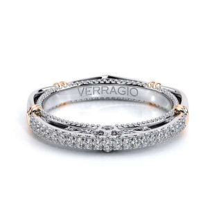 Verragio Parisian-129WSB 14 Karat wedding band, top view of the pave face with beaded edges and rose wraps