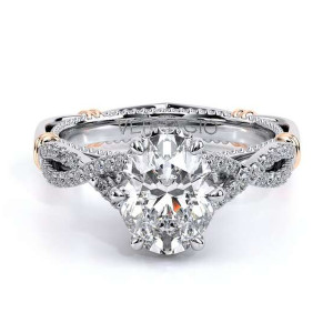 Verragio Parisian-153OV 14 Karat engagement ring, oval semi-mount, top view of twisted pave band and rose gold wraps