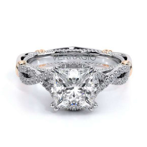 Verragio Parisian-153P 14 Karat engagement ring, princess semi-mount, top view of twisted pave band and rose gold wraps