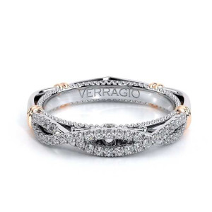 Verragio Parisian-153W 14 Karat wedding band, front view of twisted pave rails with rose gold wraps
