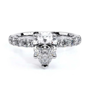 Verragio Renaissance-950PS27 14 Karat engagement ring, top view, pear centre with V tip prong above a shared prong diamond band