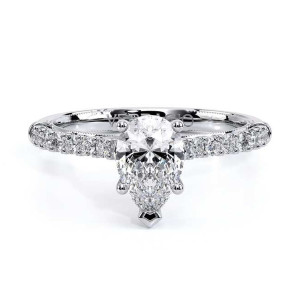 Verragio Renaissance-955PS17 14 Karat engagement ring, top view, pear centre with V tip prong above a milgrain edged diamond band
