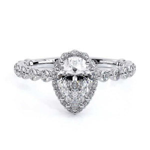 Verragio Renaissance-984HPS20 18 Karat engagement ring, top view of pear shaped centre with hidden halo on a beaded diamond band