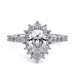 Verragio Renaissance-986PS 14 Karat engagement ring, top view of pear shaped centre in a graduated crown halo