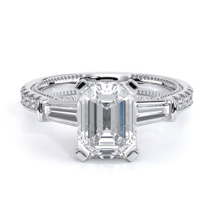 Verragio Renaissance-991EM15 14 Karat engagement ring, emerald-cut three-stone ring with tapered baguettes and pave band, white metal, top view