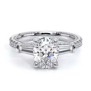 Verragio Renaissance-991OV15 14 Karat engagement ring, oval engagement ring with baguette sides and pave band, top front view