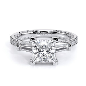 Verragio Renaissance-991P15 14 Karat engagement ring, princess cut engagement ring with baguette sides and pave band, top front view