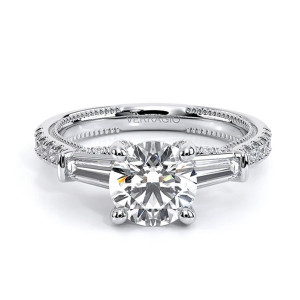 Verragio Renaissance-991R15 14 Karat engagement ring, round three stone engagement ring with baguettes and pave band, top front view