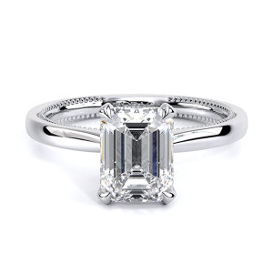 Verragio Renaissance-SOL301EM Platinum engagement ring, top view, emerald cut solitaire engagement ring in white metal