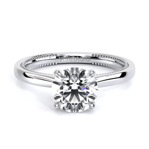 Verragio Renaissance-SOL301R 14 Karat engagement ring, round solitaire engagement ring in white metal, upright top front view