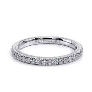 Verragio TR150W 18 Karat wedding band, flat angled view with a single pave row and milgrain edges