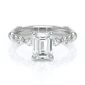 Verragio Vanguard-2202EM25 14 Karat engagement ring, emerald cut diamond engagement ring, top view with round and marquise band