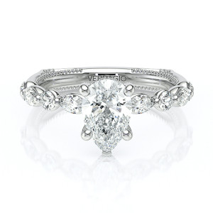 Verragio Vanguard-2202PS25 14 Karat engagement ring, pear shaped diamond engagement ring, top view with round and marquise band