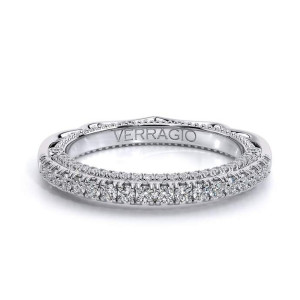 Verragio Venetian-5065W 14 Karat wedding band, top view showing three rows of round diamonds
