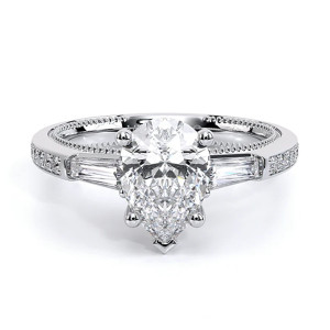 Verragio Venetian-5085PS 14 Karat engagement ring, top view, pear centre stone with tapered baguette side stones in white metal