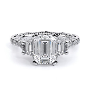 Verragio Venetian-5086EM 14 Karat engagement ring, top view, emerald cut centre with trapezoid side stones in white metal
