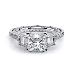 Verragio Venetian-5086P 14 Karat engagement ring, top view, princess cut centre with trapezoid side stones in white metal