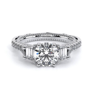 Verragio Venetian-5086R 14 Karat engagement ring, top view, round brilliant centre with trapezoid side stones in white metal