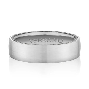 Verragio VW-6024 Platinum men's wedding band, top view of the satin domed face and beaded rims
