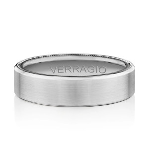 Verragio VW-6027 Platinum men's wedding band, top view of the flat satin face and polished bevel edges