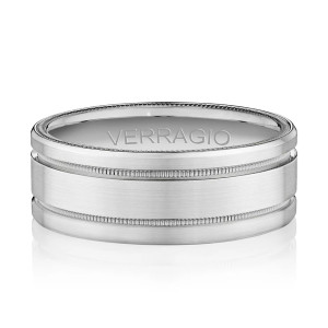 Verragio VW-8107 14 Karat men's wedding band, angled view showing the satin face and twin beaded grooves