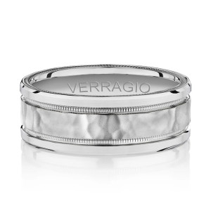 Verragio VW-8107HM 14 Karat men's wedding band, top view of raised center panel in white metal