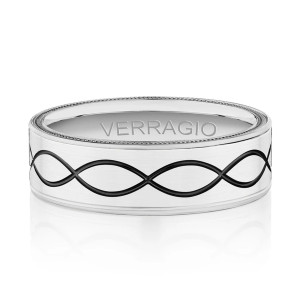 Verragio VWB-7013 Platinum men's wedding band, top view of the black infinity motif on satin metal
