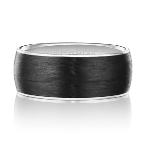 Verragio VWCF-301-9 14 Karat men's wedding band, front view with black carbon fiber face and white metal rims