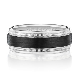 Verragio VWCF-302-8 Platinum men's wedding band, front view of the black carbon fiber center and milgrain borders