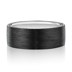Verragio VWCF-303-8 14 Karat men's wedding band, top view of the carbon fiber face and white metal interior