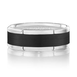 Verragio VWCF-304-8 14 Karat men's wedding band, with black carbon fiber center, front view