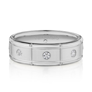 Verragio VWD-7910 14 Karat men's wedding band, front view showing the satin panels and flush set diamonds