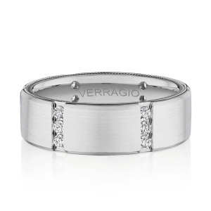 Verragio VWD-7916 14 Karat men's wedding band, top view with satin face and diamond trio stations