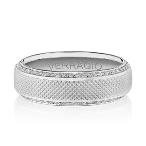 Verragio VWD-7917 14 Karat men's wedding band, angled view showing the cross hatched face and edge diamond rows