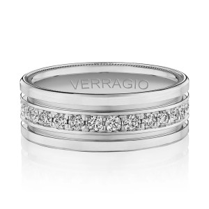 Verragio VWD-8910 14 Karat men's wedding band, top view of the diamond row between grooved satin panels