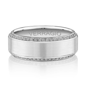 Verragio VWD-8912 14 Karat men's wedding band, front view with satin center and diamond edge rows