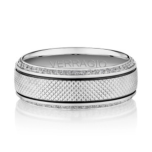 Verragio VWD-8913 14 Karat men's wedding band, front view of the crosshatch center, black grooves and diamond edges