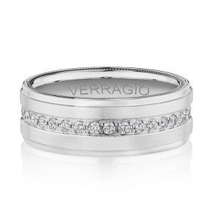 Verragio VWD-8914 14 Karat men's wedding band, top view of the central diamond row between satin panels