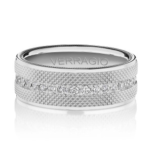 Verragio VWD-8915 14 Karat men's wedding band, front view of the knurled texture and central diamond row