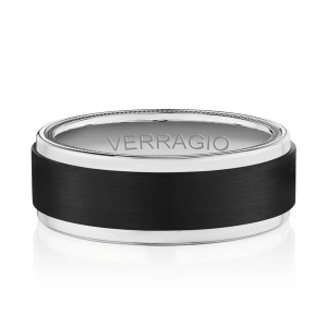 Verragio VWFX-8501 14 Karat men's wedding band, with black brushed center and white metal edges, top view