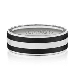 Verragio VWFX-8504 18 Karat men's wedding band, front view of black stripes and polished center
