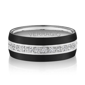 Verragio VWFXD-8503 18 Karat men's wedding band, top view of the central diamond row between black edges