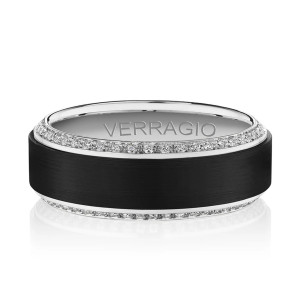 Verragio VWFXD-8505 14 Karat men's wedding band, front view with black center panel and diamond set edges