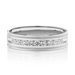 Verragio VWRD-6701-25 14 Karat men's wedding band, front view of channel set diamonds between milgrain panels
