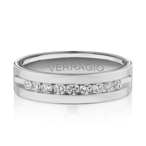 Verragio VWRD-6703-25 14 Karat men's wedding band, front view of the channel set diamond row